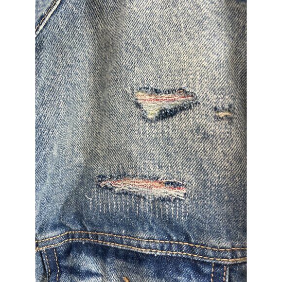 Old Navy XL Tall Distressed Denim Jacket Smiley Face Rainbow Lining Unisex NWT - Picture 2 of 8